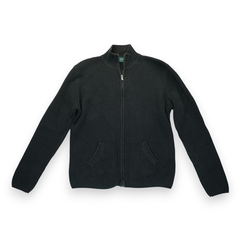 Lauren Ralph‎ Lauren Women's Full Zip Sweater Knit Size Large Black Long Sleeve